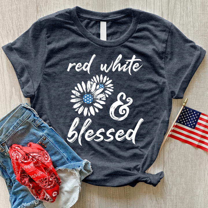 Red White Blessed Flowers Heathered Tee