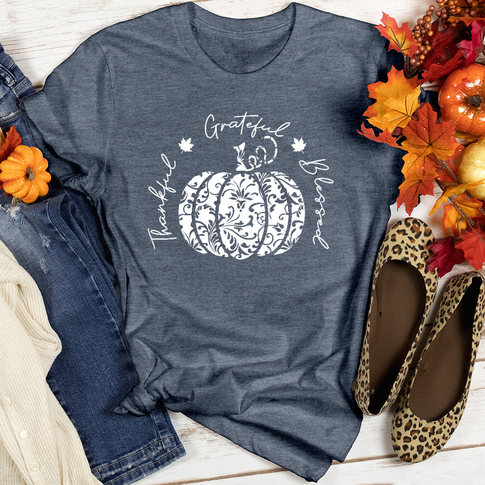 TGB White Floral Pumpkin Heathered Tee