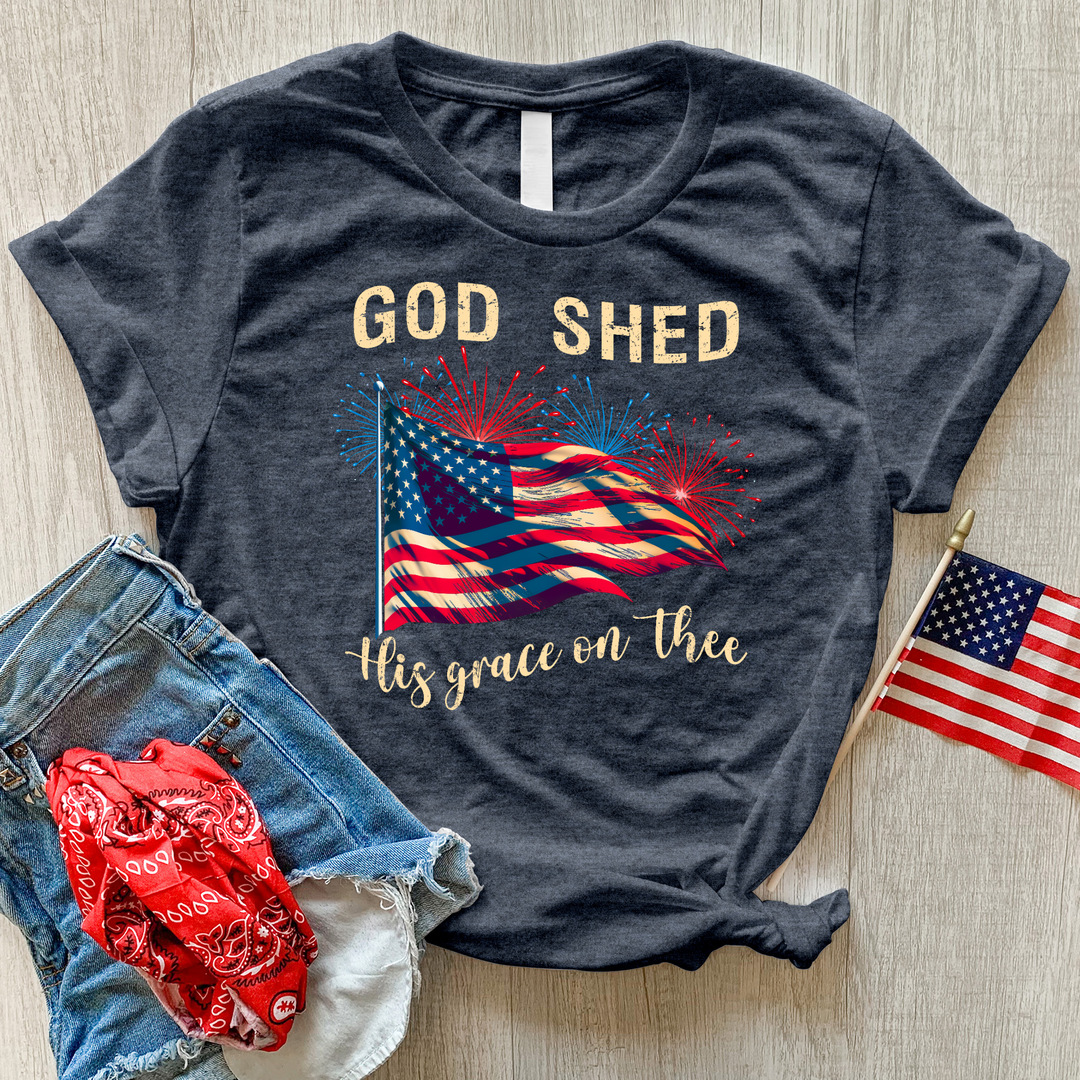 God Shed Fireworks Waving Flag Heathered Tee