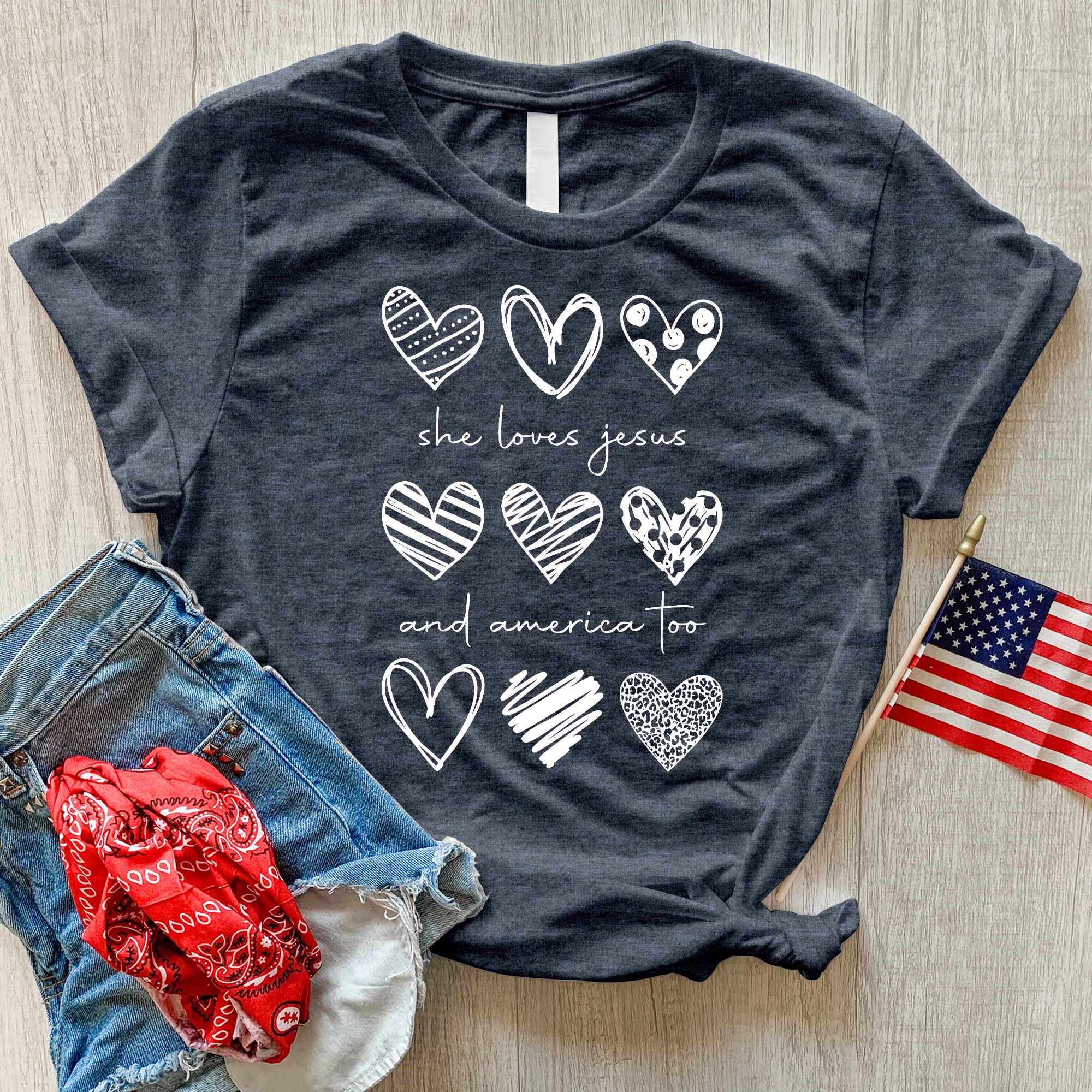 She Loves Jesus Heart Pattern Heathered Tee