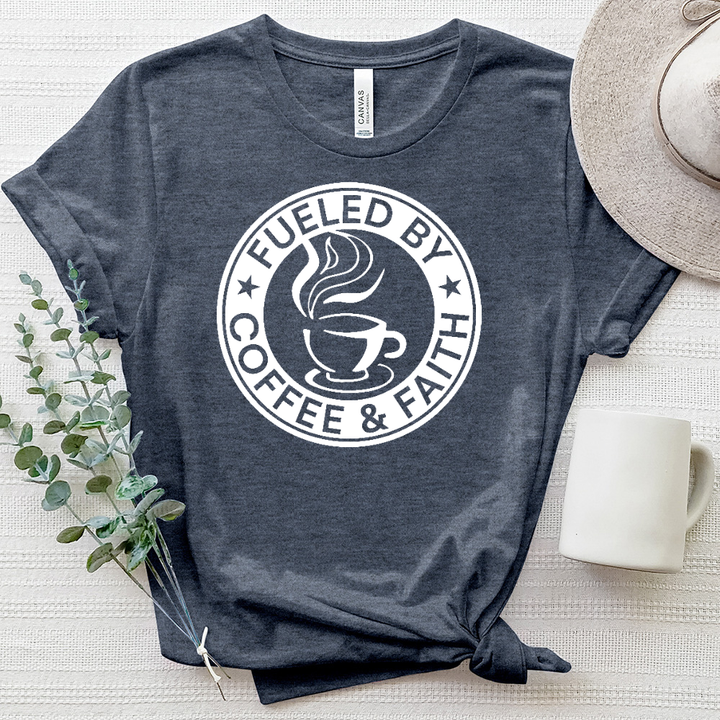 Fueled by Coffee and Faith Logo Heathered Tee