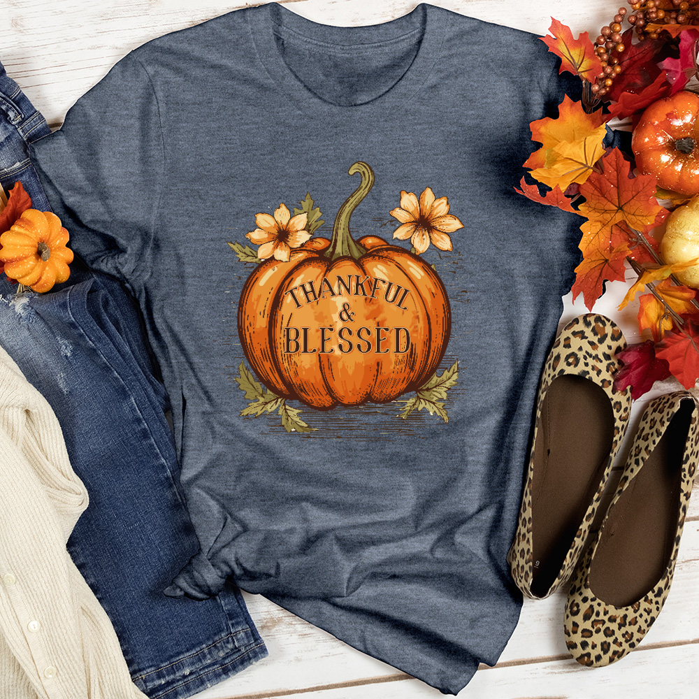 Thankful & Blessed Floral Pumpkin Heathered Tee