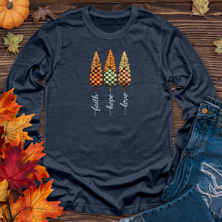 Faith Hope Love Plaid Trio Pine Trees Long Sleeve Tee