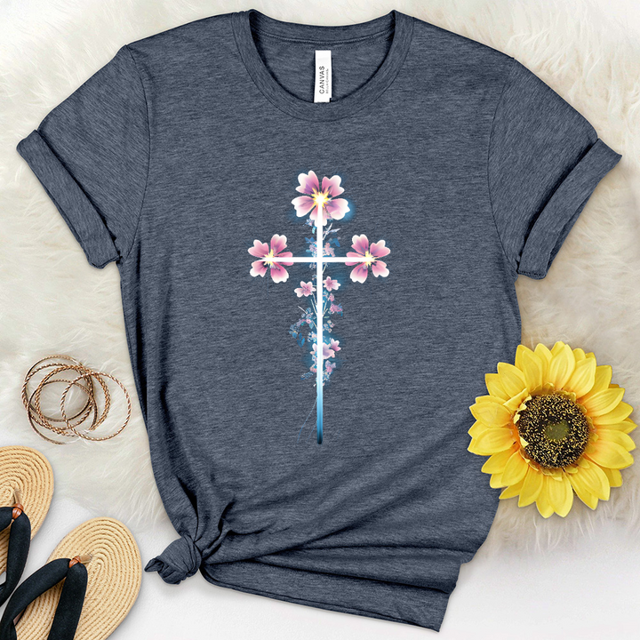 Pink Flowers Cross Heathered Tee