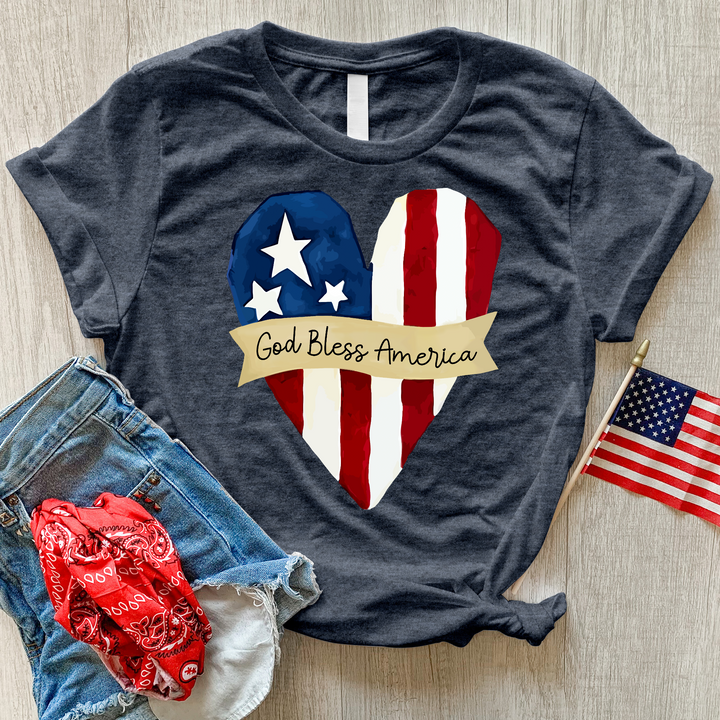 God Bless America Striped Heart Heathered Tee