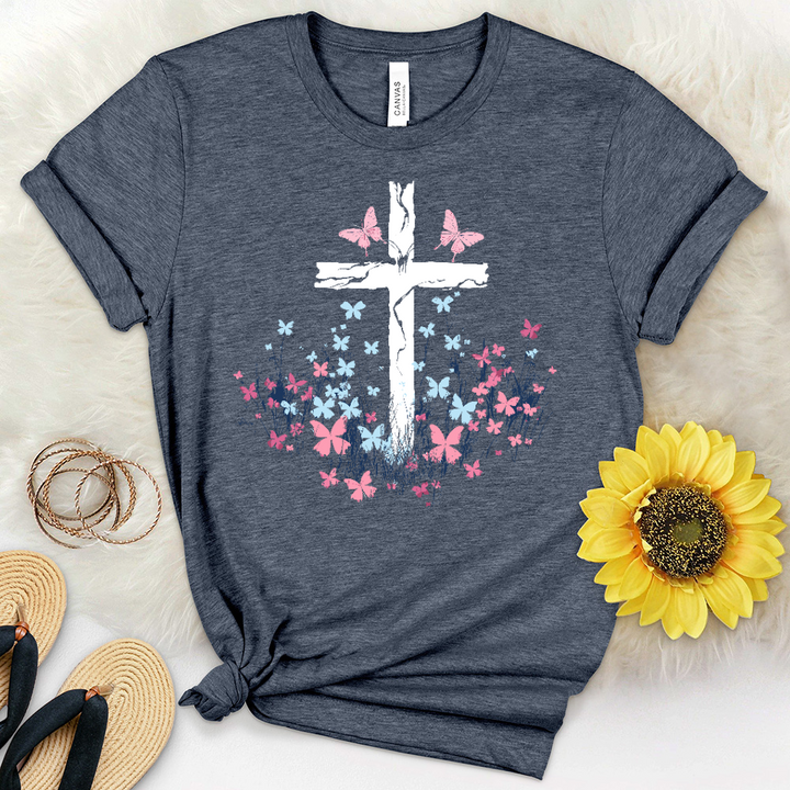 Butterfly Garden Cross Heathered Tee