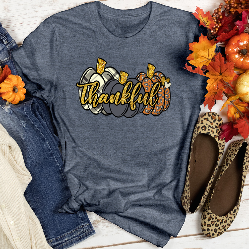 Thankful Gold Text Pumpkins Heathered Tee