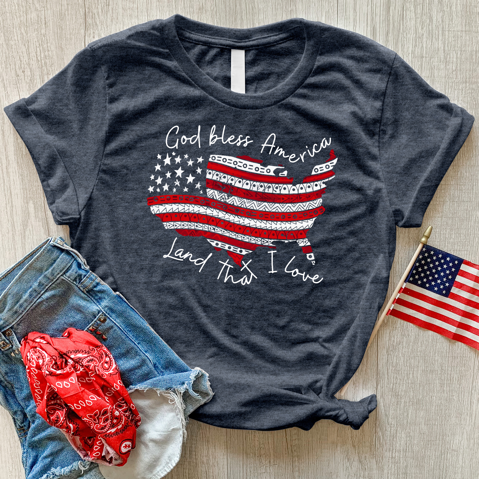 God Bless America USA Heathered Tee
