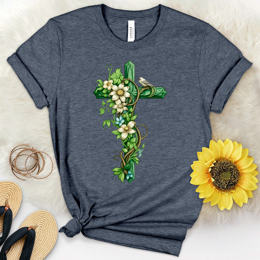 Green Cross Vines and Bird Heathered Tee