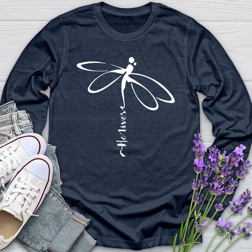 He Lives Dragonfly White Long Sleeve Tee