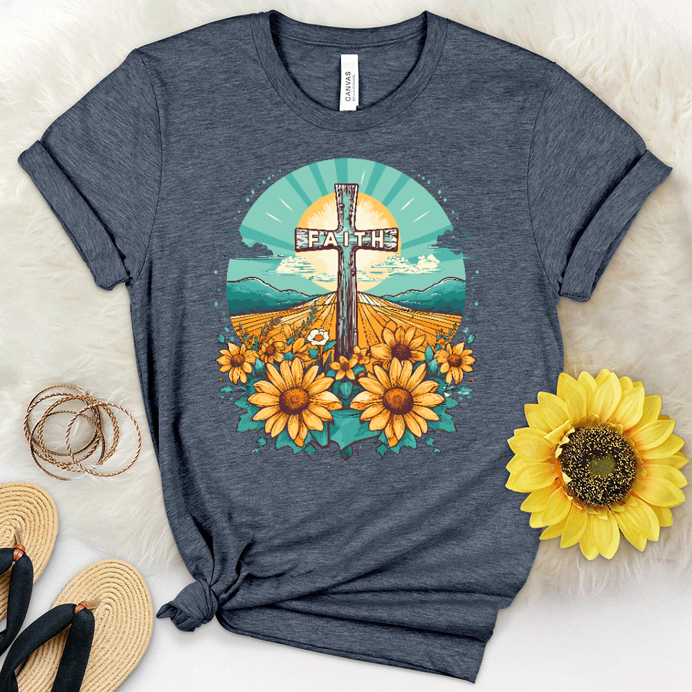 Faith Cross Sunflower Scene Heathered Tee