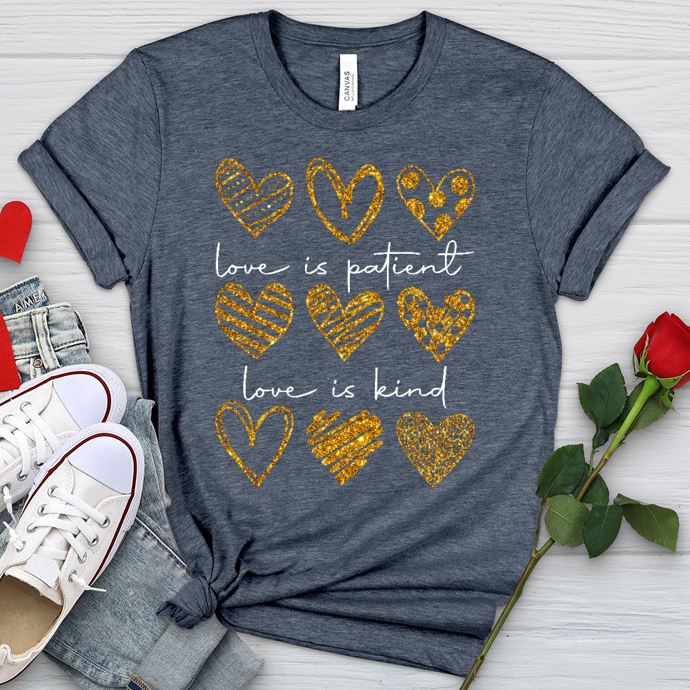 Love Is Patient Gold Hearts Heathered Tee