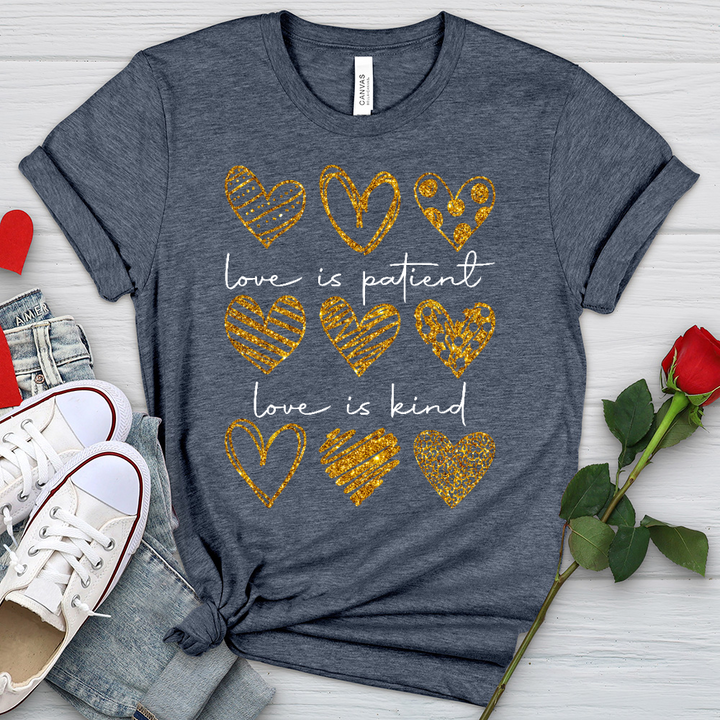 Love Is Patient Gold Hearts Heathered Tee