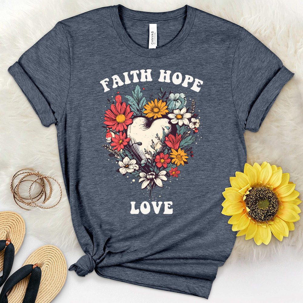 Faith Assorted Flowers Heart Heathered Tee