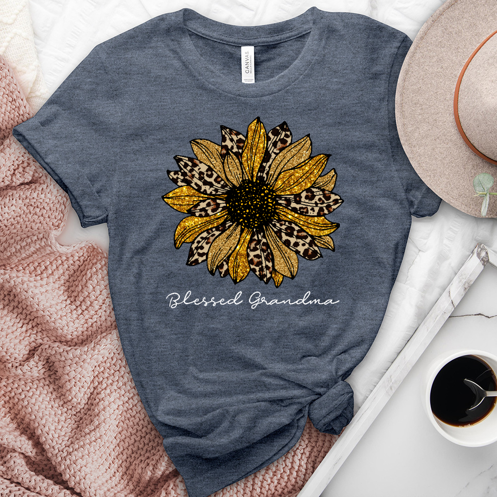 Blessed Grandma Leopard Sunflower Heathered Tee