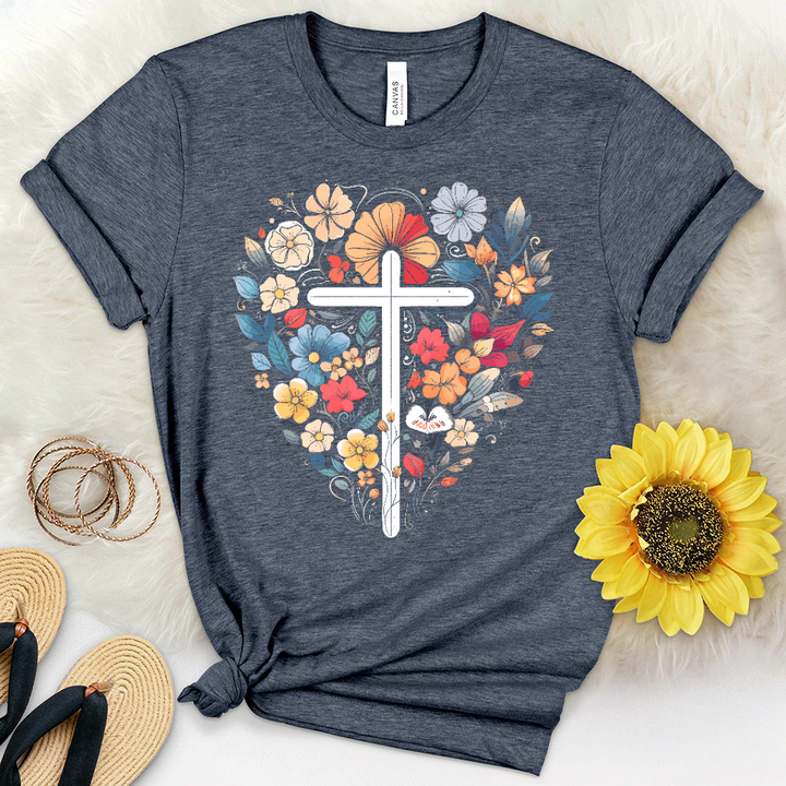 Simple Cross with Florals and Hearts Heathered Tee