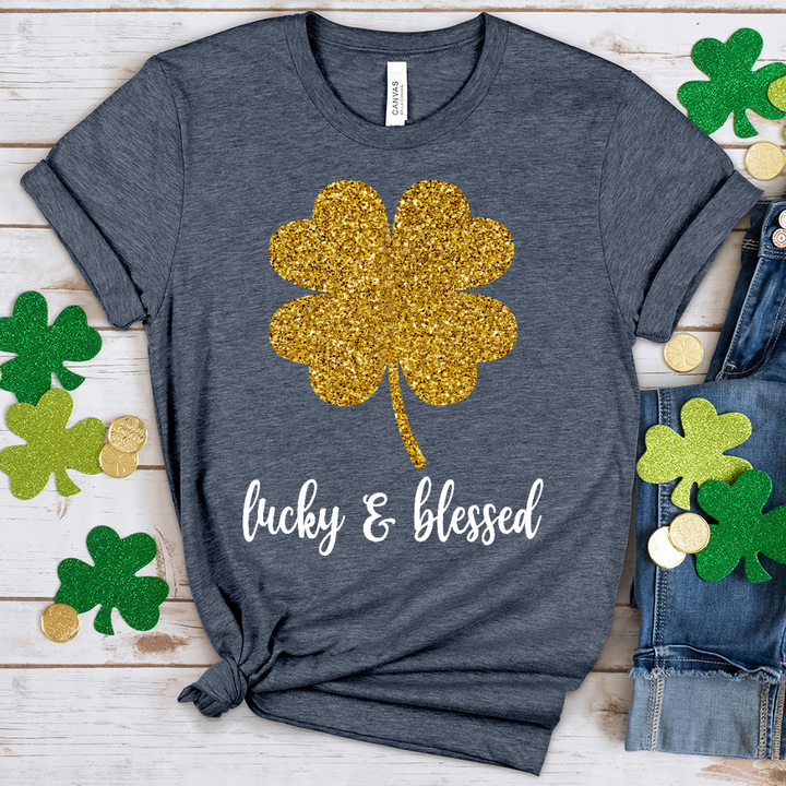 Lucky & Blessed Gold Glittery Shamrock Heathered Tee