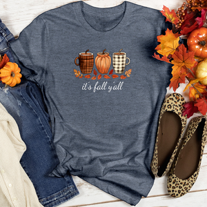 It's Fall Plaid Coffee Cups Heathered Tee