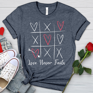 Love Never Fails Tic Tac Toe Heathered Tee