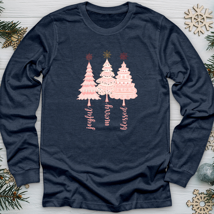 Vintage Snowflake Pink Tree Trio Long Sleeve Tee