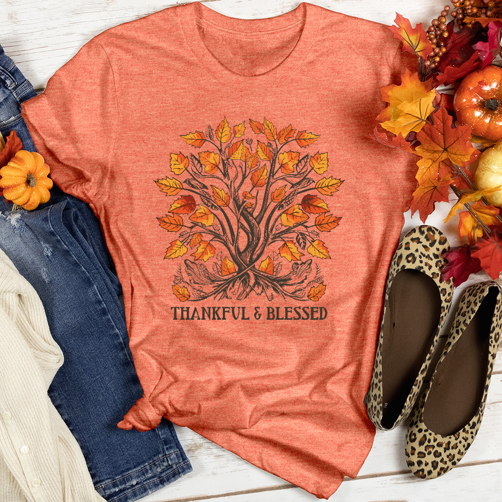 Vintage Gingham Leaf Blessings Heathered Tee