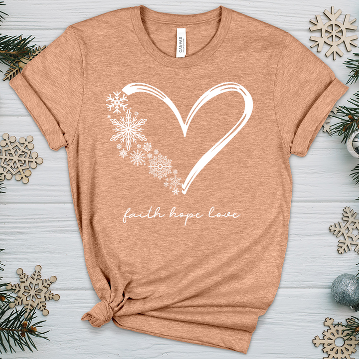 Snowflake Faith Hope Love Heart Heathered Tee