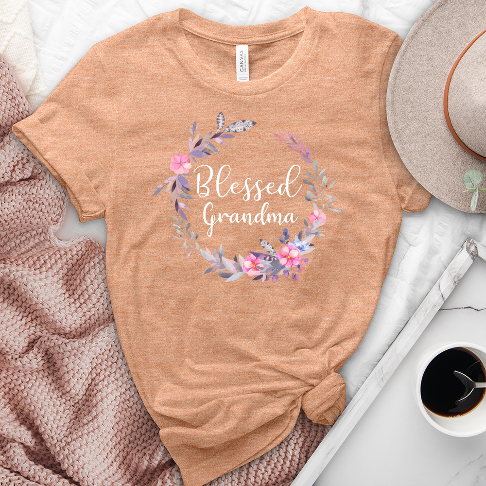 Blessed Grandma Pink Wreath Heathered Tee