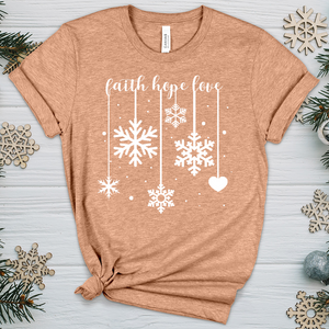 Faith Hope Love Dangling Snowflakes Heathered Tee