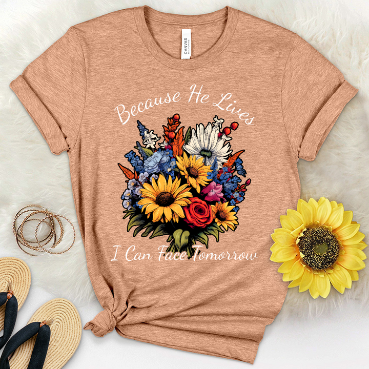 Because He Lives I can Face Tomorrow Wildflower Heathered Tee