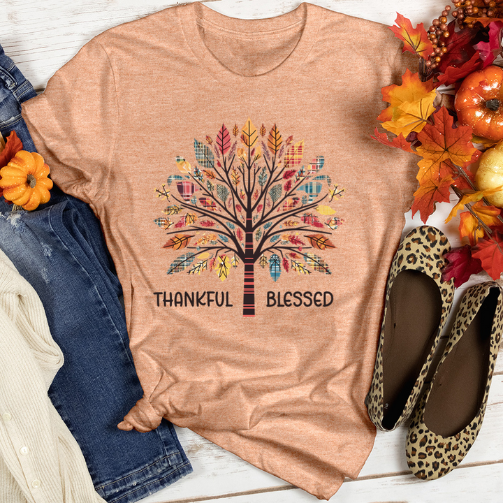 Thankful Blessed Tartan Fall Bouquet Tree Heathered Tee