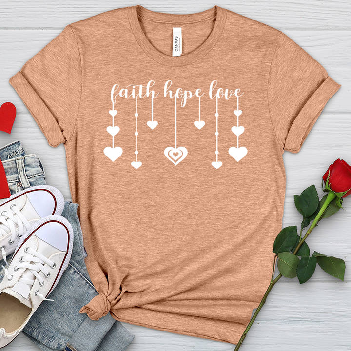 Faith Hope Love Dangling Hearts Heathered Tee