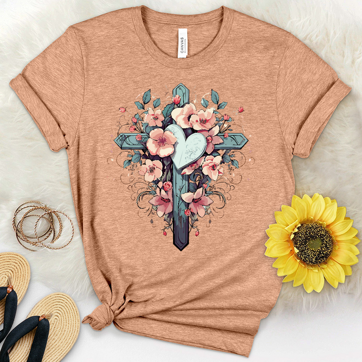 Cross Heart Flowers Heathered Tee