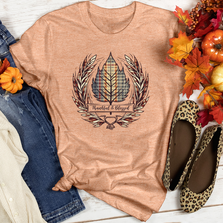 Thankful Blessed Plaid Leaf Trio Heathered Tee