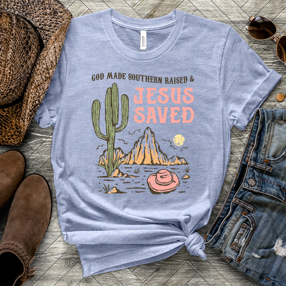 Southern Raised Jesus Saved Heathered Tee