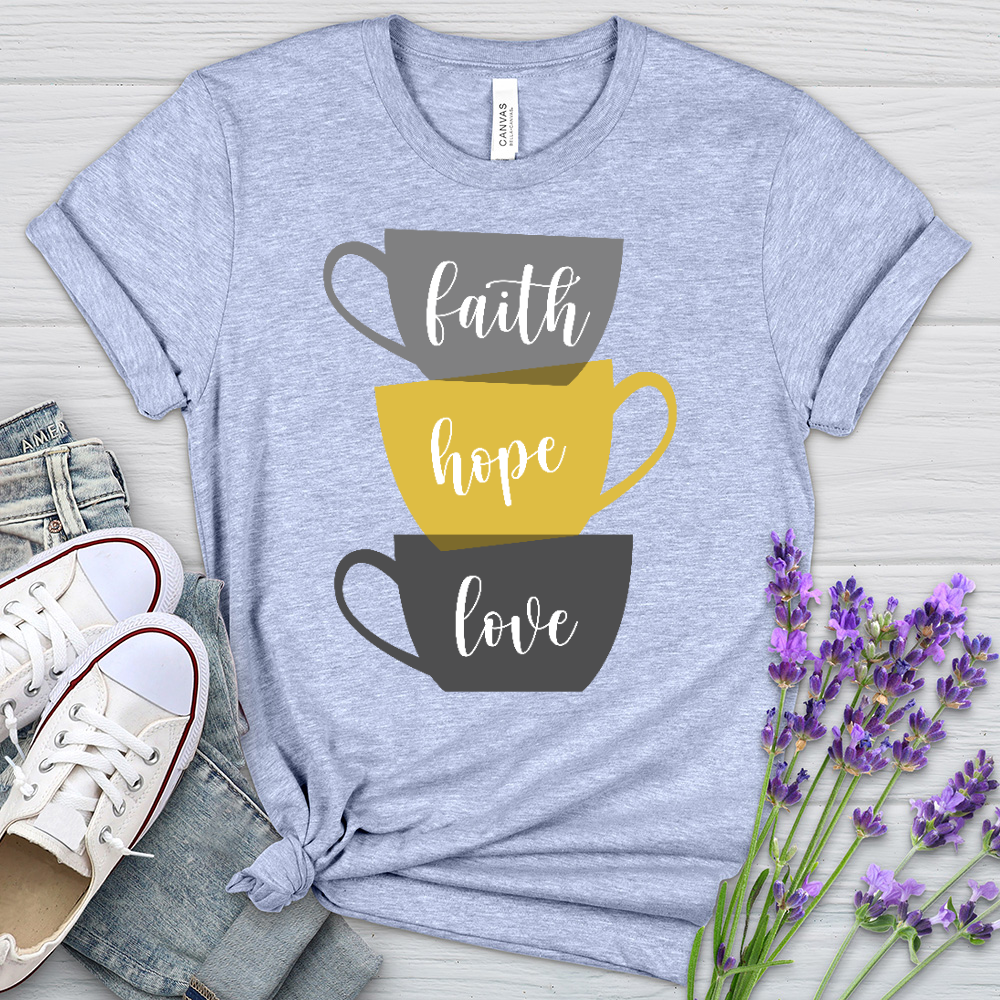 Faith Hope Love Stacked Cups Heathered Tee