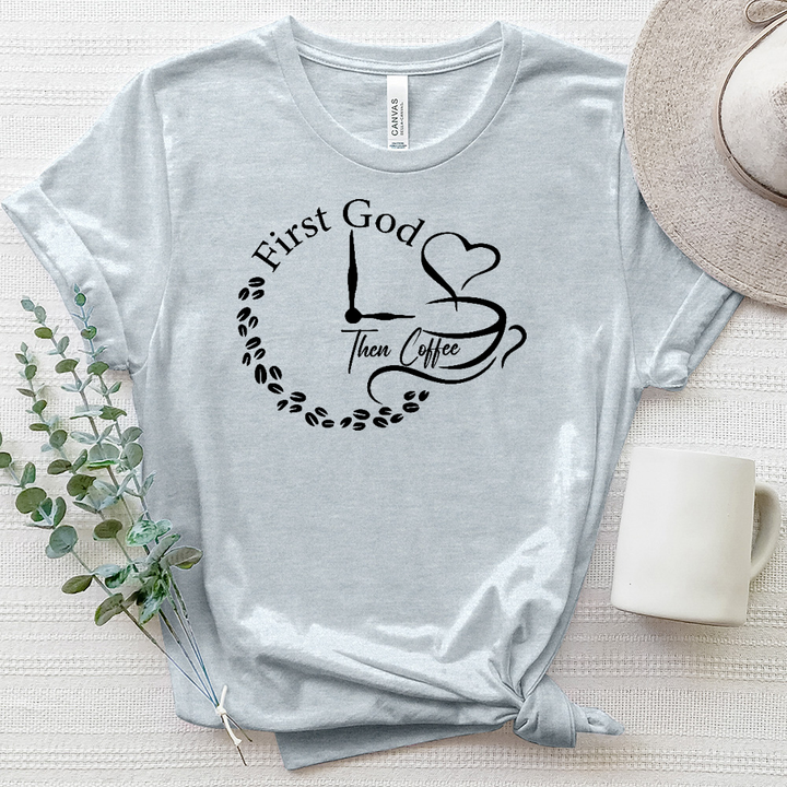 First God Then Coffee Clock Heathered Tee