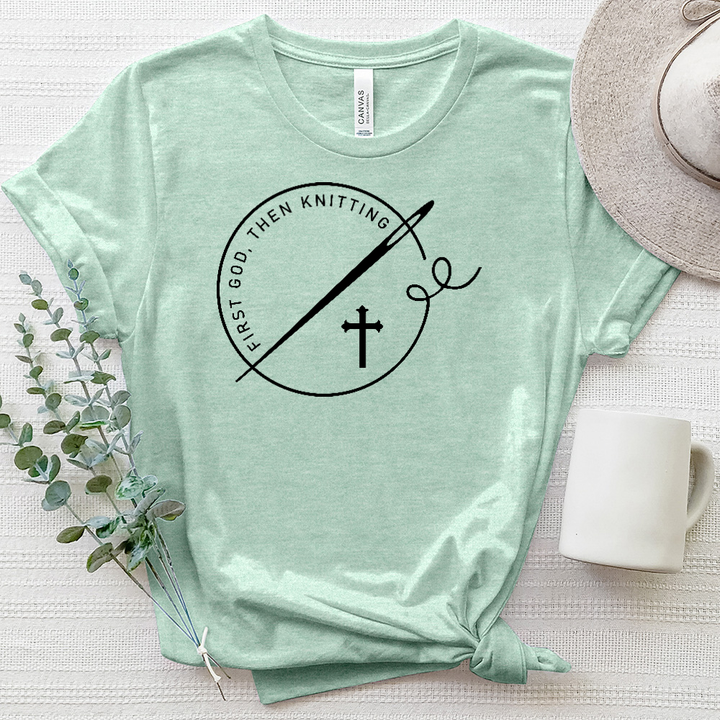 First God, Then Knitting Cross Heathered Tee