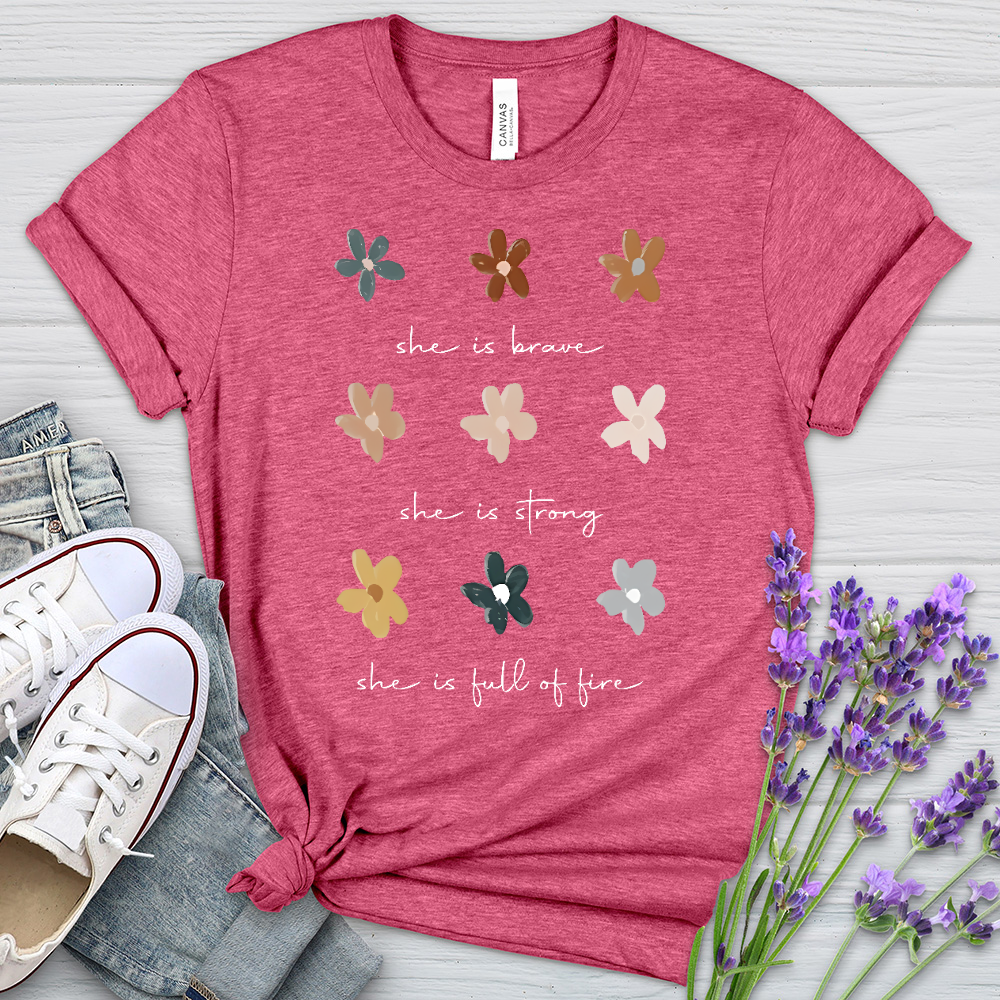 She Is Brave Flower Pattern Heathered Tee