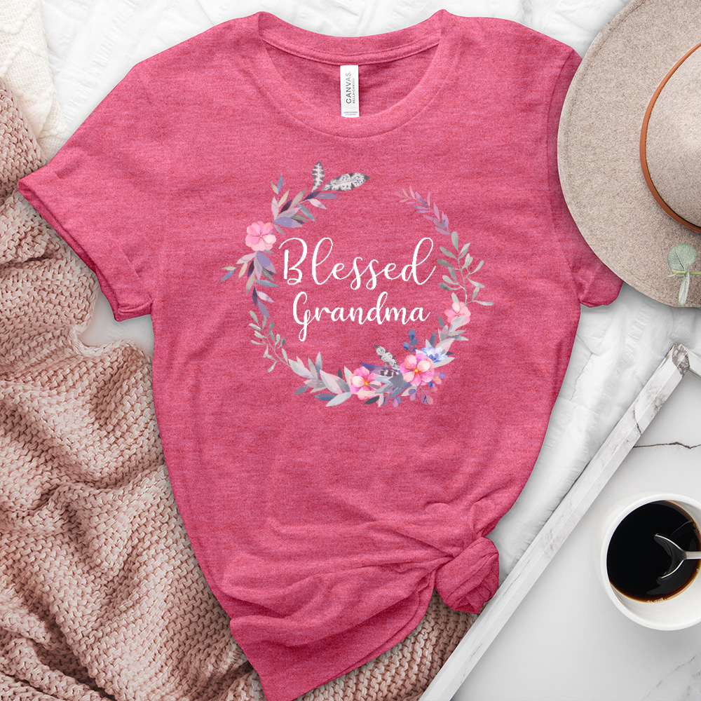 Blessed Grandma Pink Wreath Heathered Tee