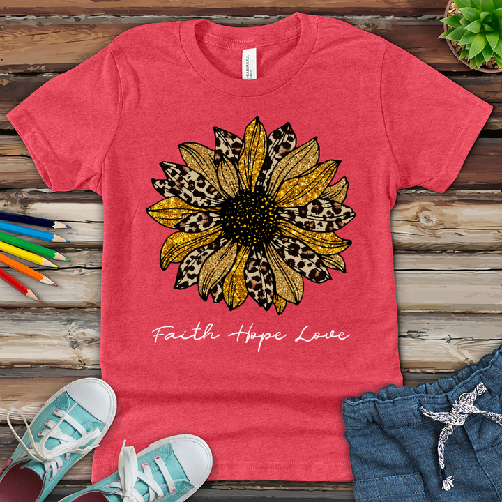 Faith Hope Love Leopard Sunflower Youth Heathered Tee