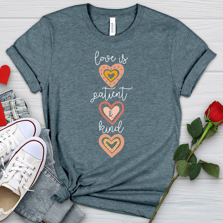 Love Is Patient Vertical Hearts Heathered Tee