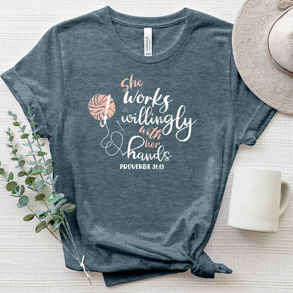 Proverbs 31-13 Knitting White Heathered Tee