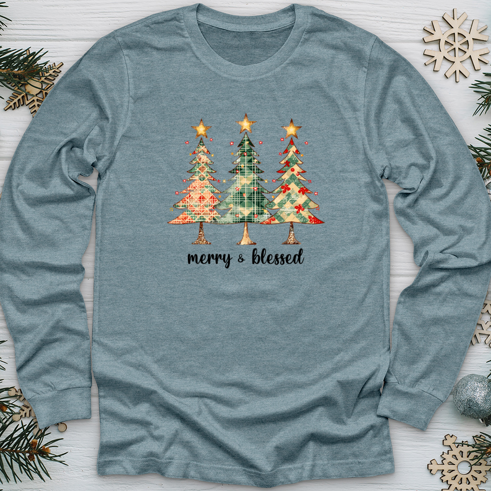 Merry & Blessed Checkered Tree Long Sleeve Tee