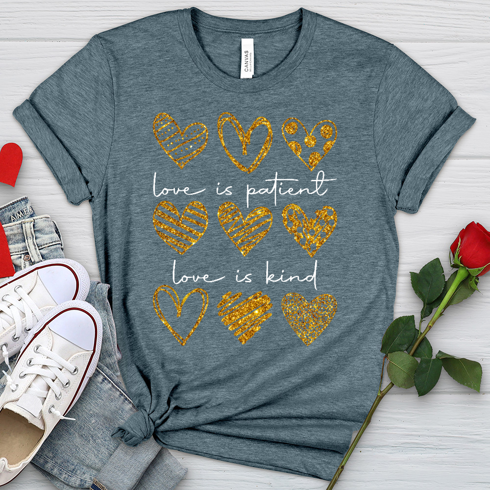 Love Is Patient Gold Hearts Heathered Tee