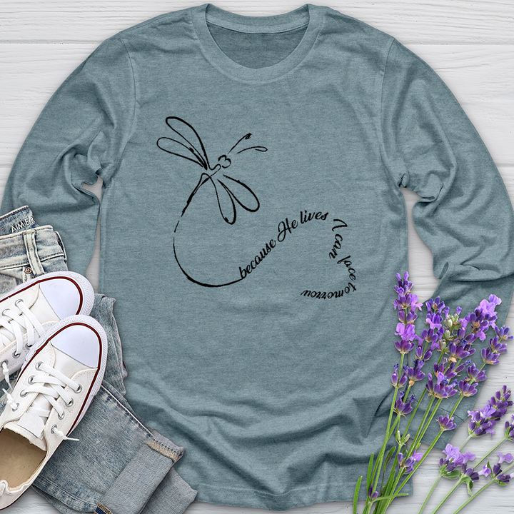 Because He Lives Dragonfly Heart Long Sleeve Tee