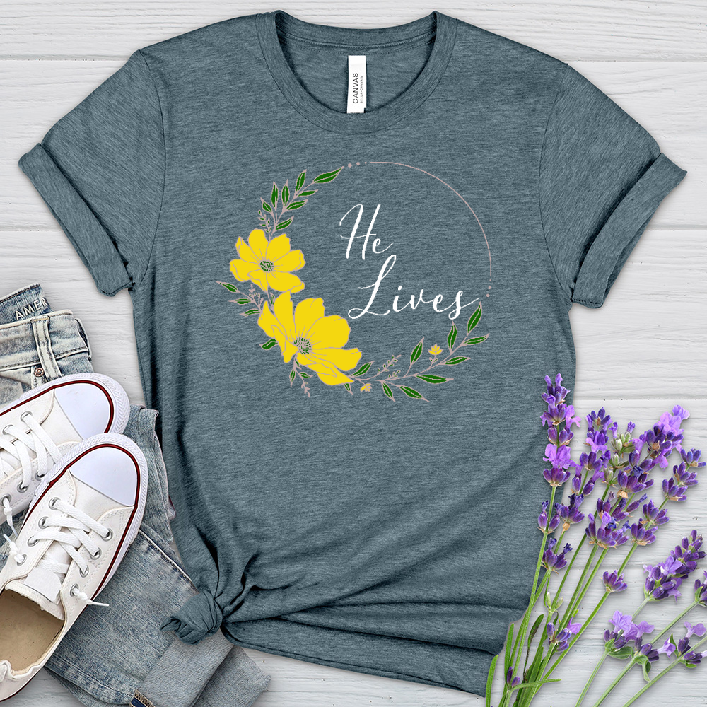 He Lives Flower Wreath Heathered Tee