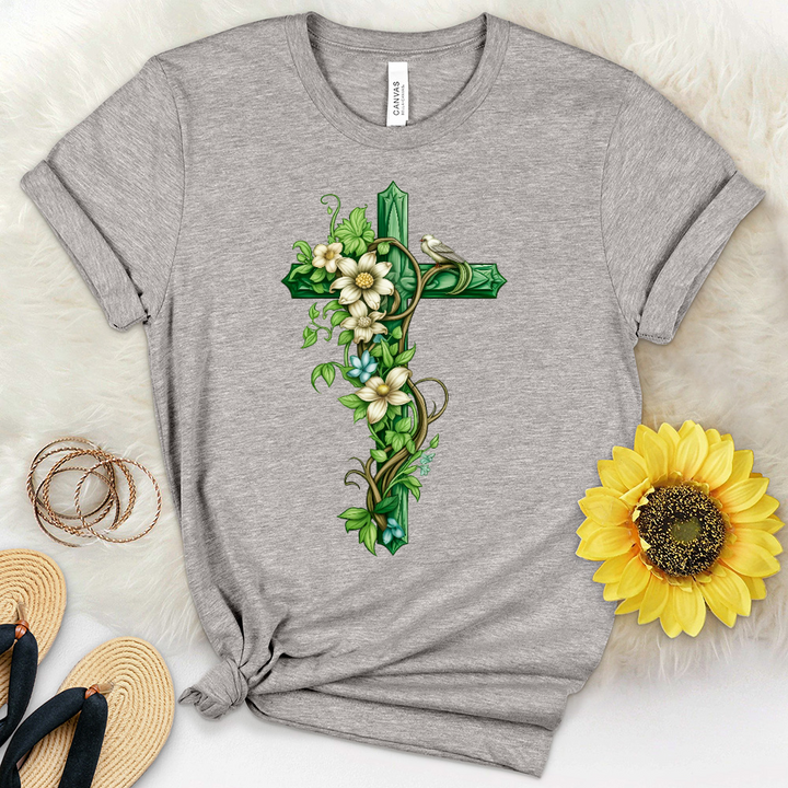 Green Cross Vines and Bird Heathered Tee