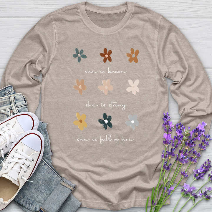 She Is Brave Flower Pattern  Long Sleeve Tee