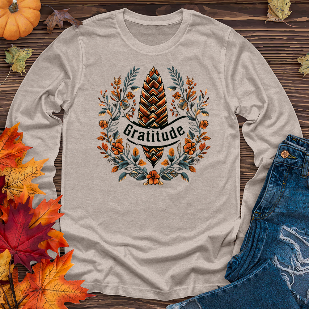 Herringbone Pinecone Gratitude Long Sleeve Tee