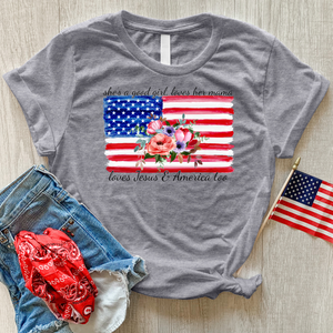 Loves Her Mama America and Jesus Heathered Tee